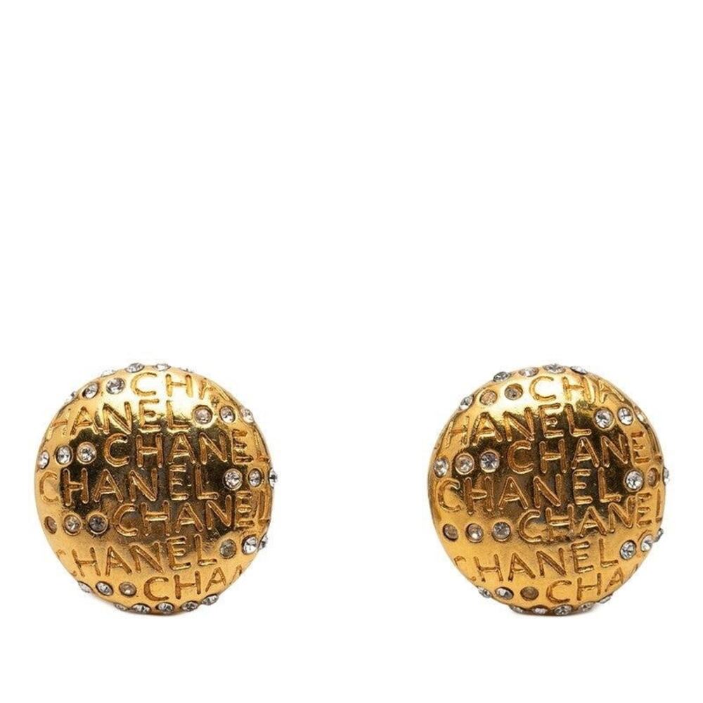 Chanel Logo Round Gold Plated Rhinestone Earrings